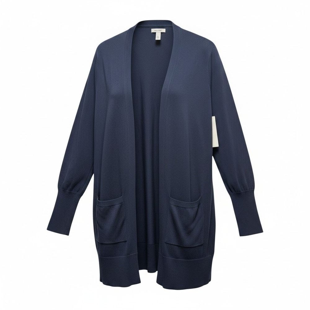 Nine West Womens Navy Blue Open Front Longline Cardigan Sweater‎ Size L NWT